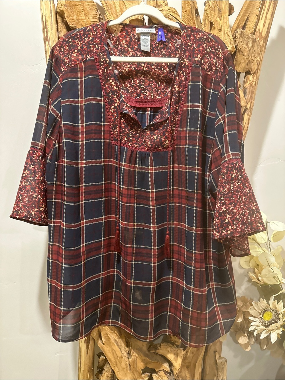 Catherines Burgundy and Navy Plaid Mixed-Print Peasant Tunic